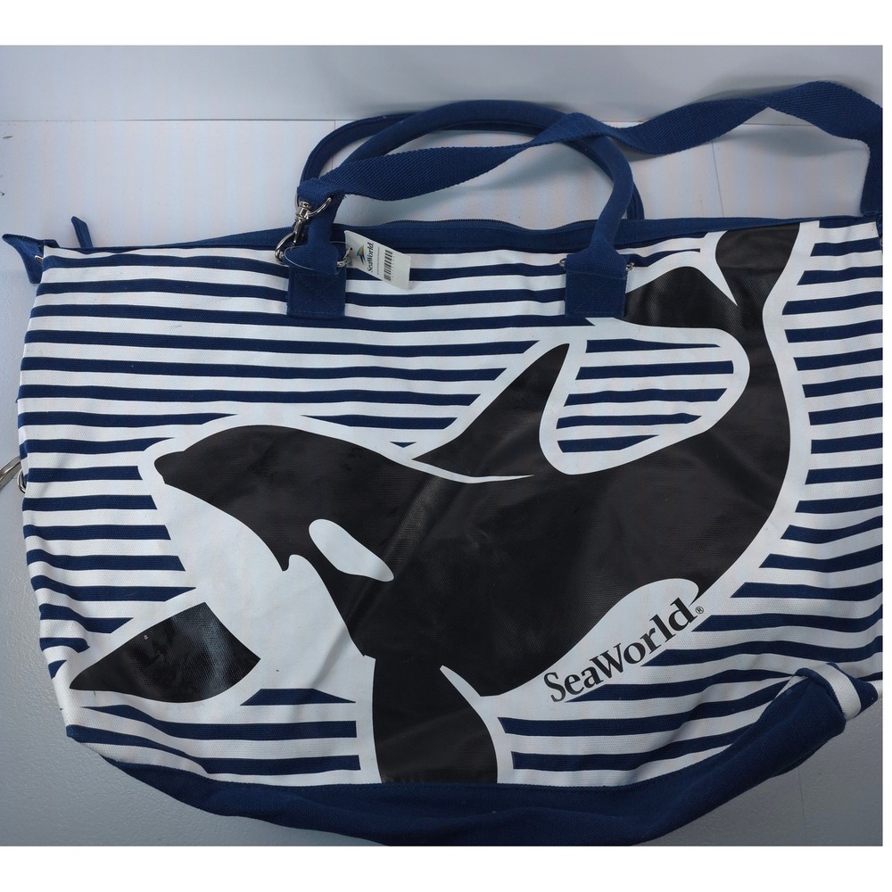 SeaWorld Orca Shamu Nautical Striped Canvas Duffle Bag Navy White Travel Tote